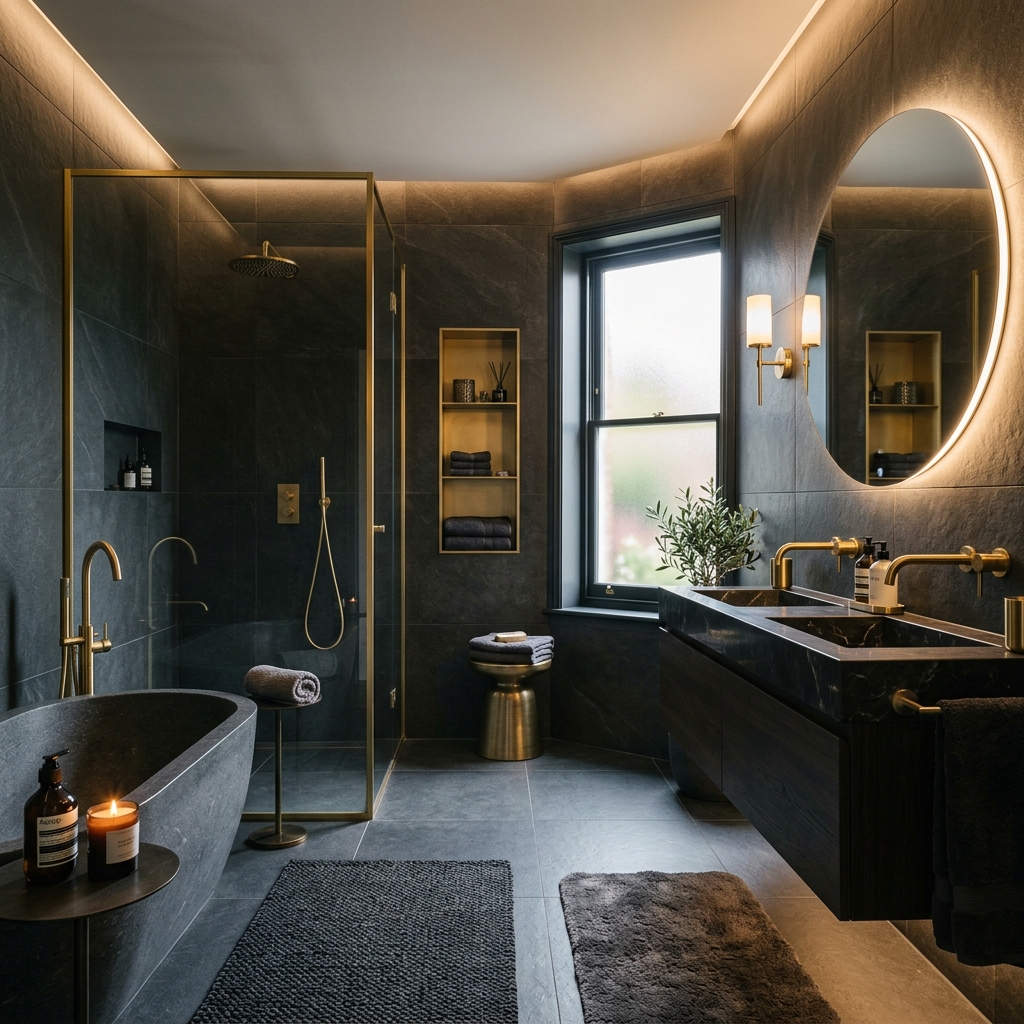 Luxuriöses, modernes Badezimmer mit goldenen Armaturen