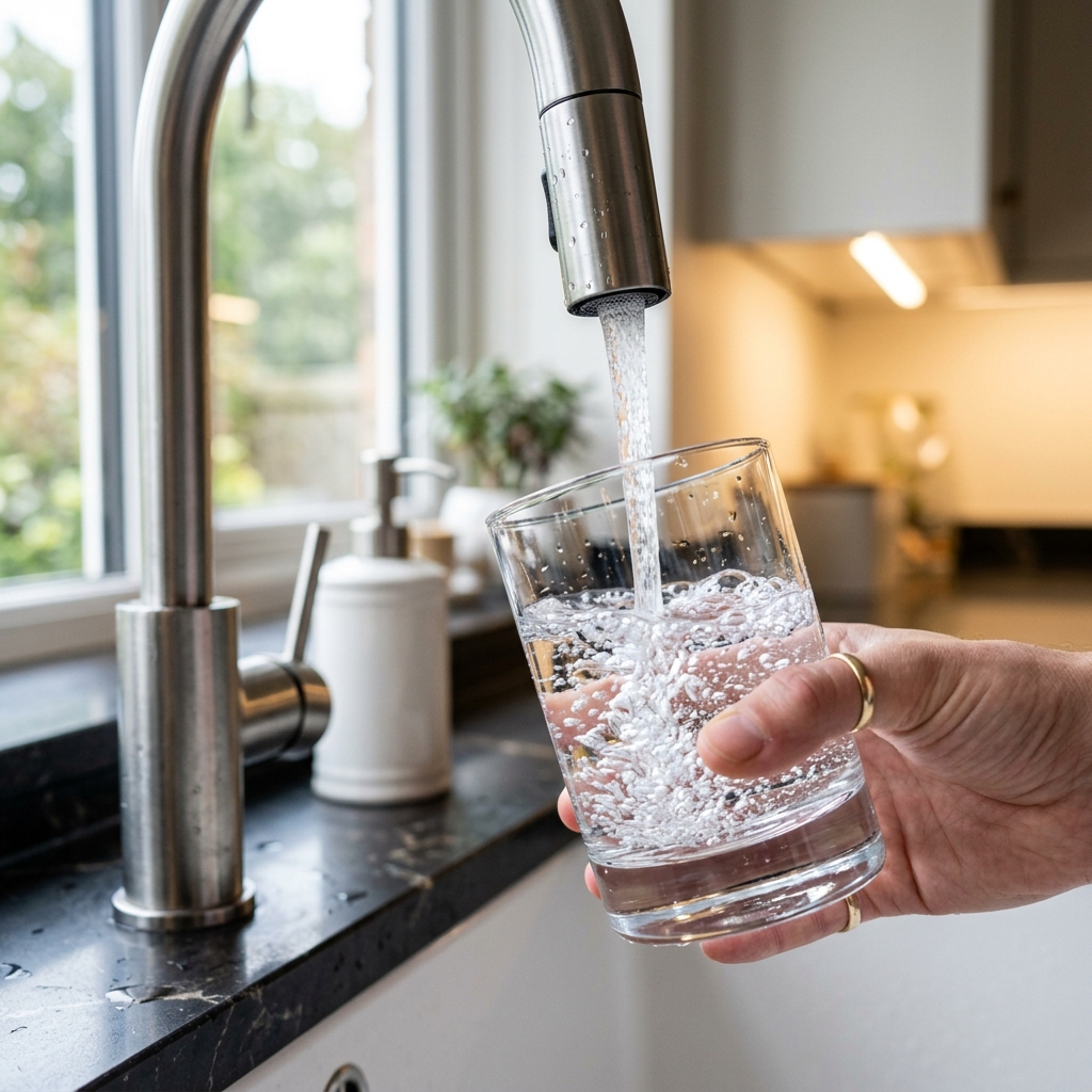 Klares, sauberes Wasser fließt aus einem Filter